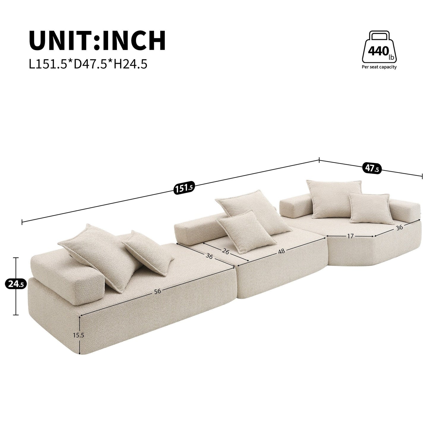 Roomfitters Modular Sectional Sofa with 3-Piece Boucle Floor Set, Foam-Filled Convertible Living Room Couch, Beige