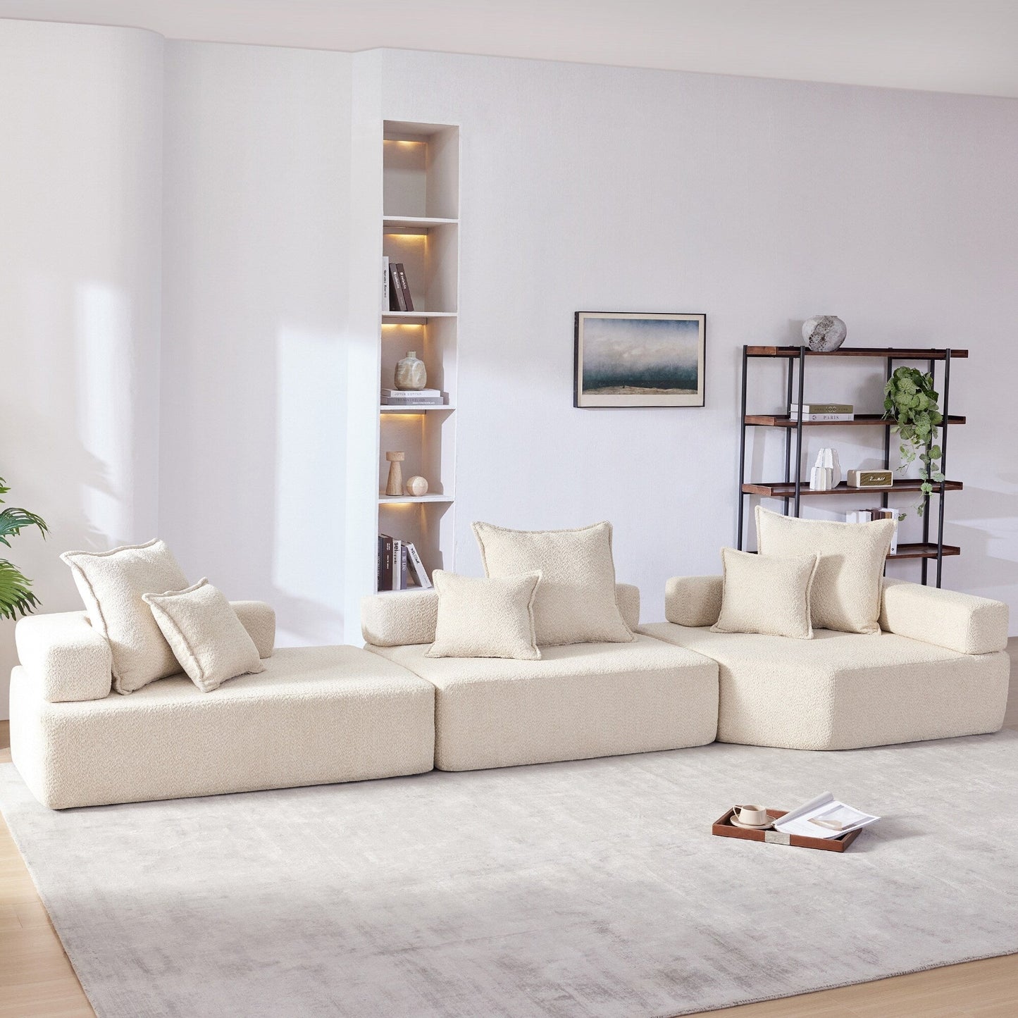 Roomfitters Modular Sectional Sofa with 3-Piece Boucle Floor Set, Foam-Filled Convertible Living Room Couch, Beige