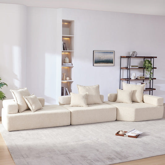 Roomfitters Modular Sectional Sofa with 3-Piece Boucle Floor Set, Foam-Filled Convertible Living Room Couch, Beige