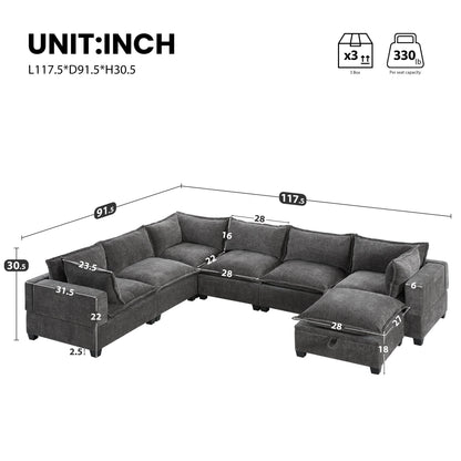 Roomfitters Modular U-Shaped Chenille Sofa with Storage Ottoman, Free Layout 7-Seat Oversized Couch for Living Room