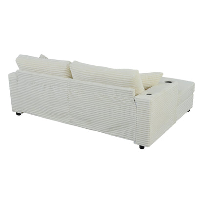 Roomfitters Oversized Loveseat Chaise Lounge Sectional Sofa Bed, Corduroy Sleeper with USB Ports, Cup Holders