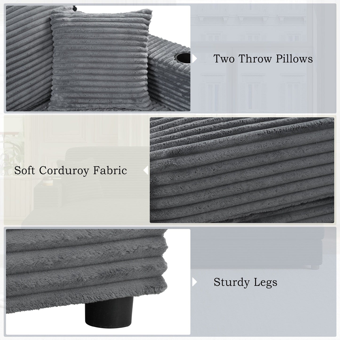 Roomfitters Oversized Loveseat Chaise Lounge Sectional Sofa Bed, Corduroy Sleeper with USB Ports, Cup Holders
