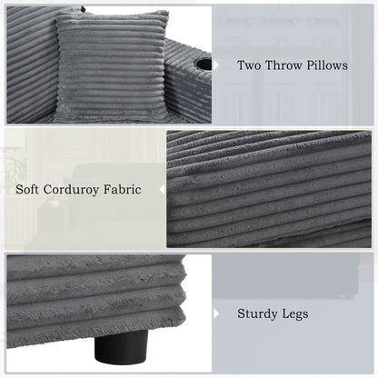 Roomfitters Oversized Loveseat Chaise Lounge Sectional Sofa Bed, Corduroy Sleeper with USB Ports, Cup Holders