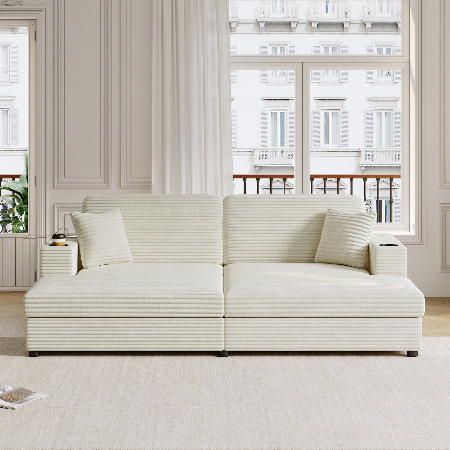 Roomfitters Oversized Loveseat Chaise Lounge Sectional Sofa Bed, Corduroy Sleeper with USB Ports, Cup Holders