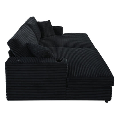 Roomfitters Oversized Loveseat Chaise Lounge Sectional Sofa Bed, Corduroy Sleeper with USB Ports, Cup Holders
