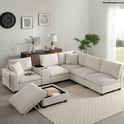 Roomfitters Oversized U-Shaped Corduroy Sofa with Storage Ottoman, Console, USB Charger and Cup Holder