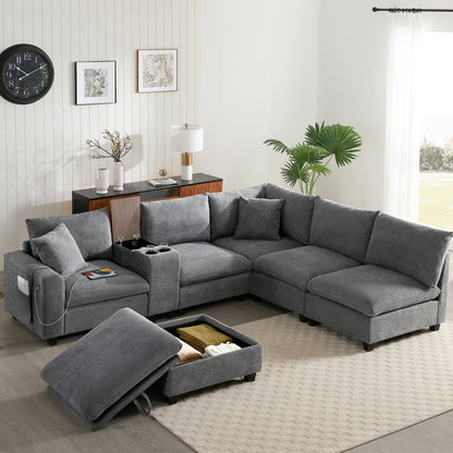 Roomfitters Oversized U-Shaped Corduroy Sofa with Storage Ottoman, Console, USB Charger and Cup Holder