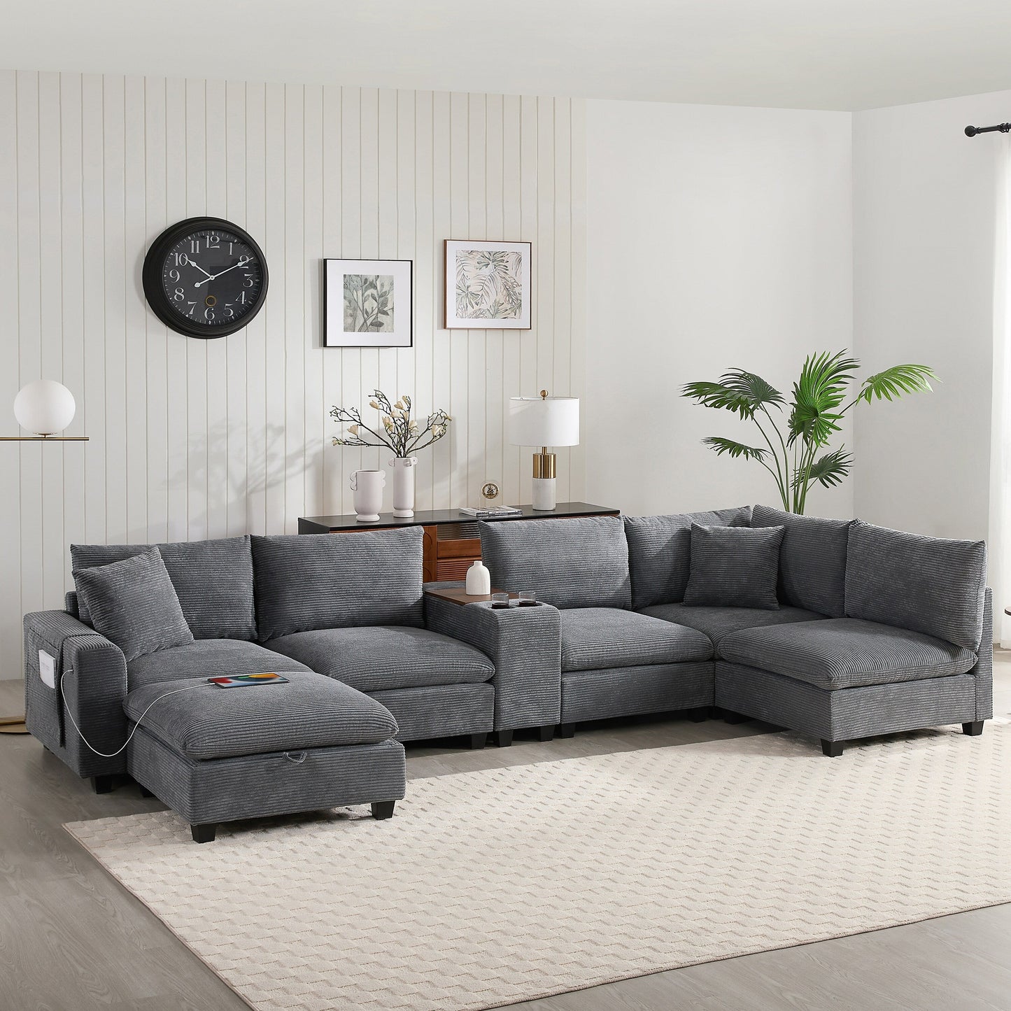 Roomfitters Oversized U-Shaped Corduroy Sofa with Storage Ottoman, Console, USB Charger and Cup Holder