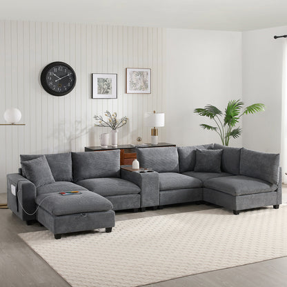 Roomfitters Oversized U-Shaped Corduroy Sofa with Storage Ottoman, Console, USB Charger and Cup Holder