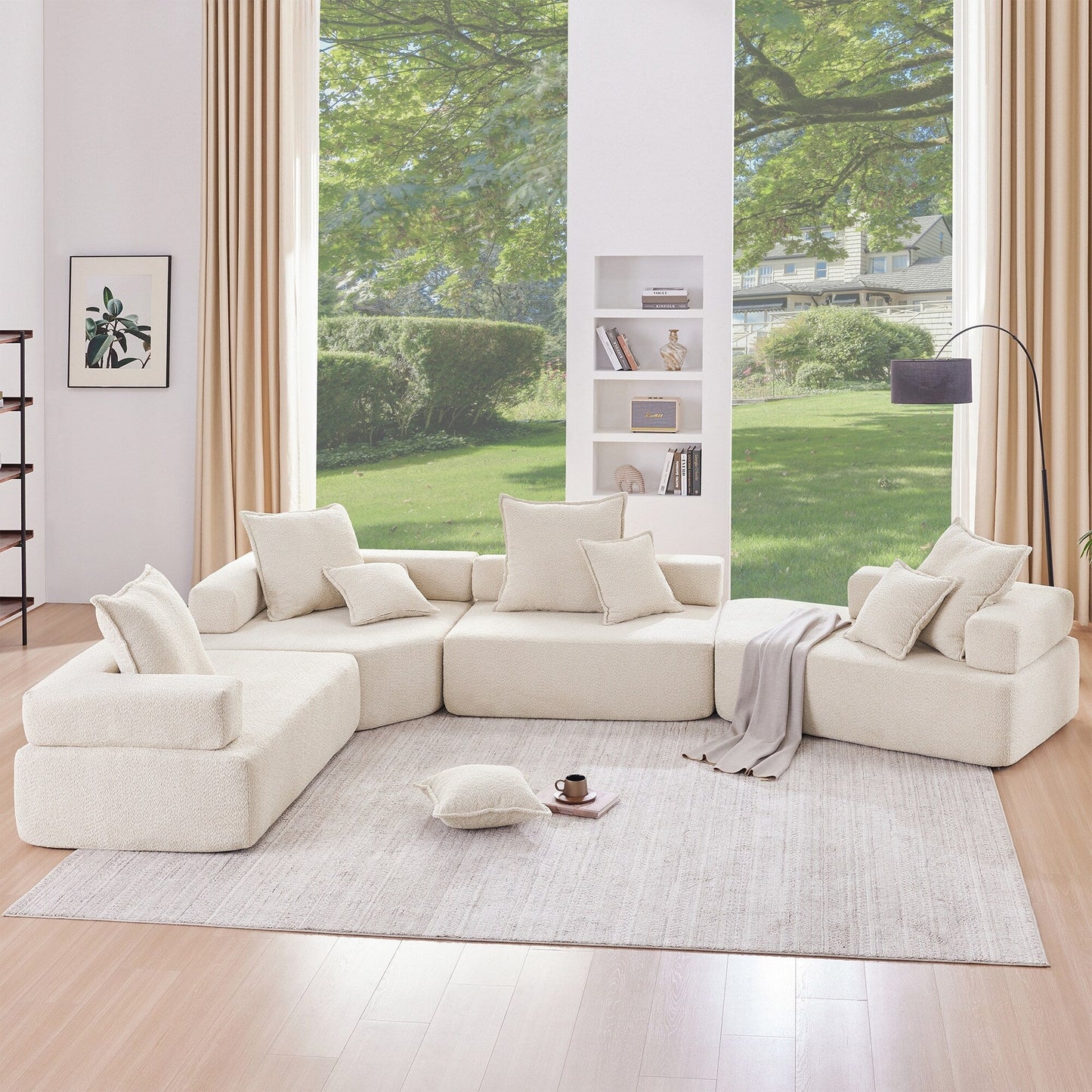 Roomfitters Oversized U-Shaped Sectional Sofa with 4-Piece Boucle Set, Foam-Filled Modular Floor Couch, Beige