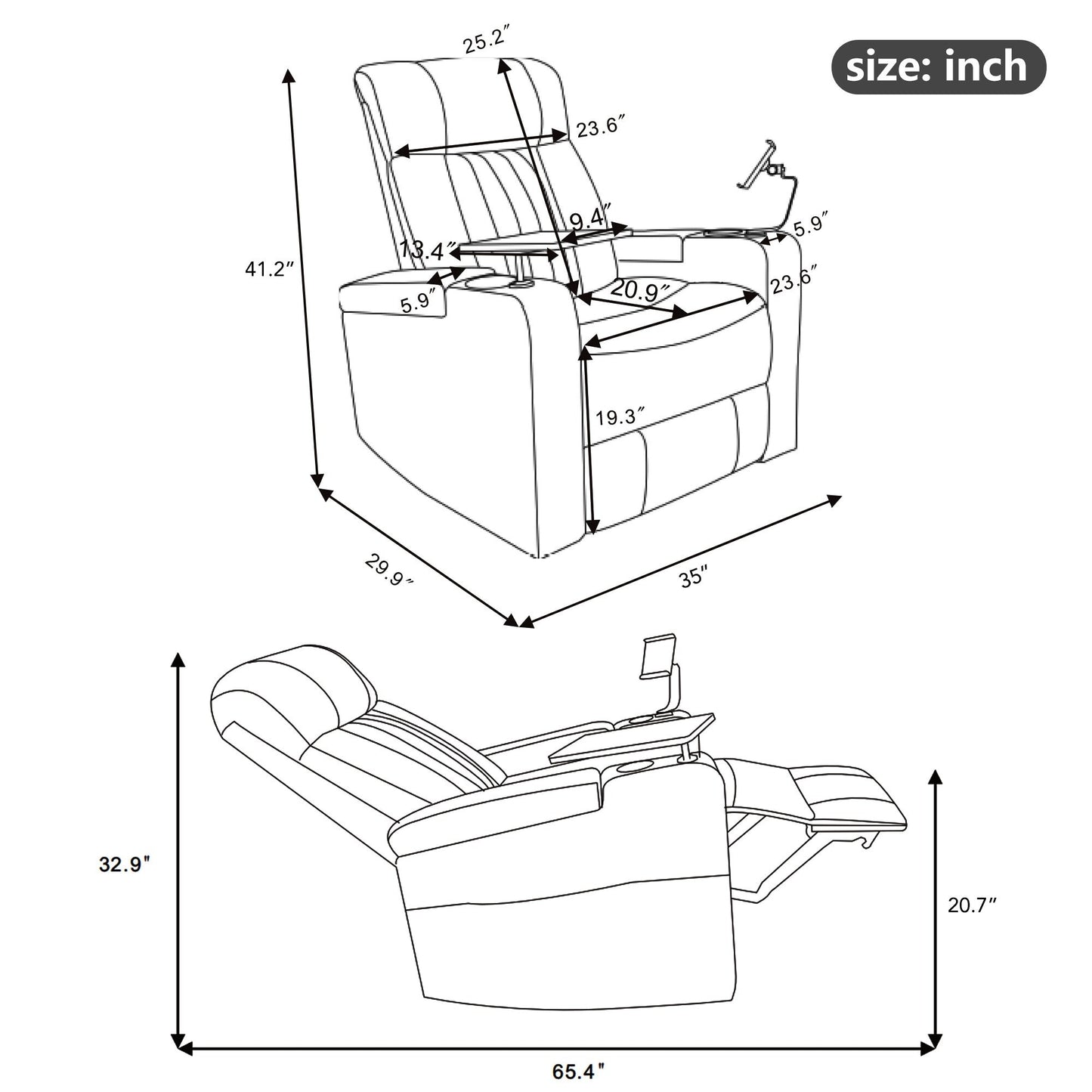 Roomfitters Premium Power Recliner with Storage Arms, Cup Holders, Swivel Tray Table, and Cell Phone Stand, Black