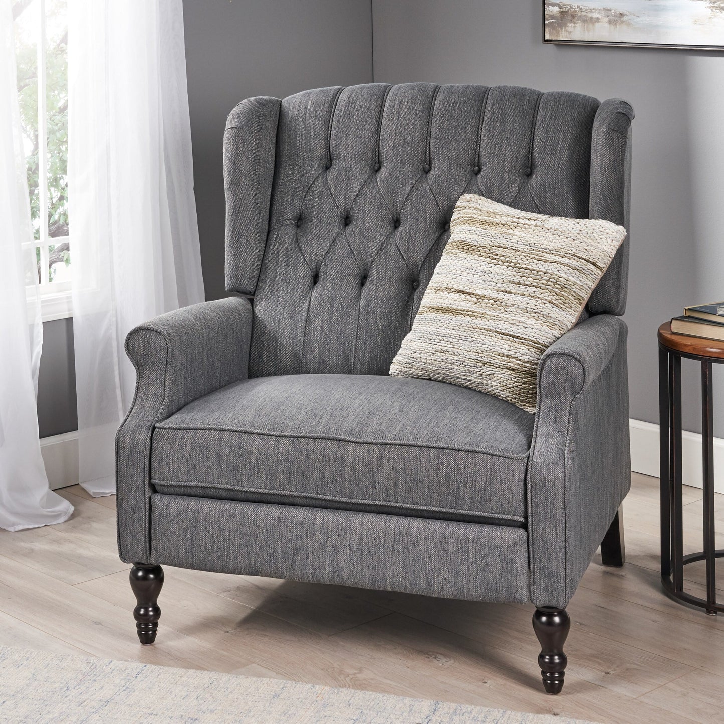 Roomfitters Tufted Wingback Recliner Chair with Rolled Arms and Turned Wood Legs, Lounge Accent Chair for Living Room