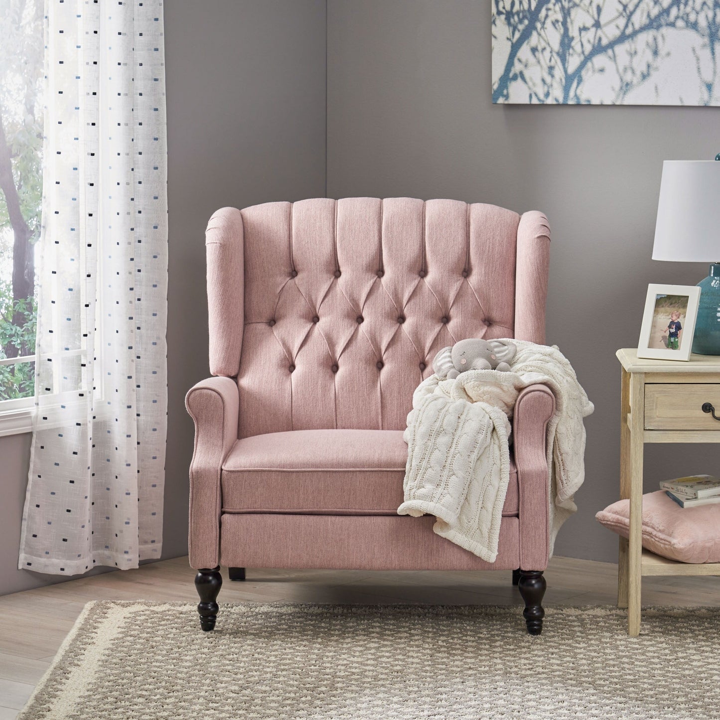 Roomfitters Tufted Wingback Recliner Chair with Rolled Arms and Turned Wood Legs, Lounge Accent Chair for Living Room