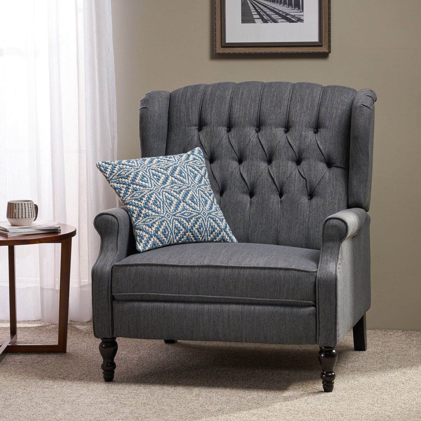 Roomfitters Tufted Wingback Recliner Chair with Rolled Arms and Turned Wood Legs, Lounge Accent Chair for Living Room