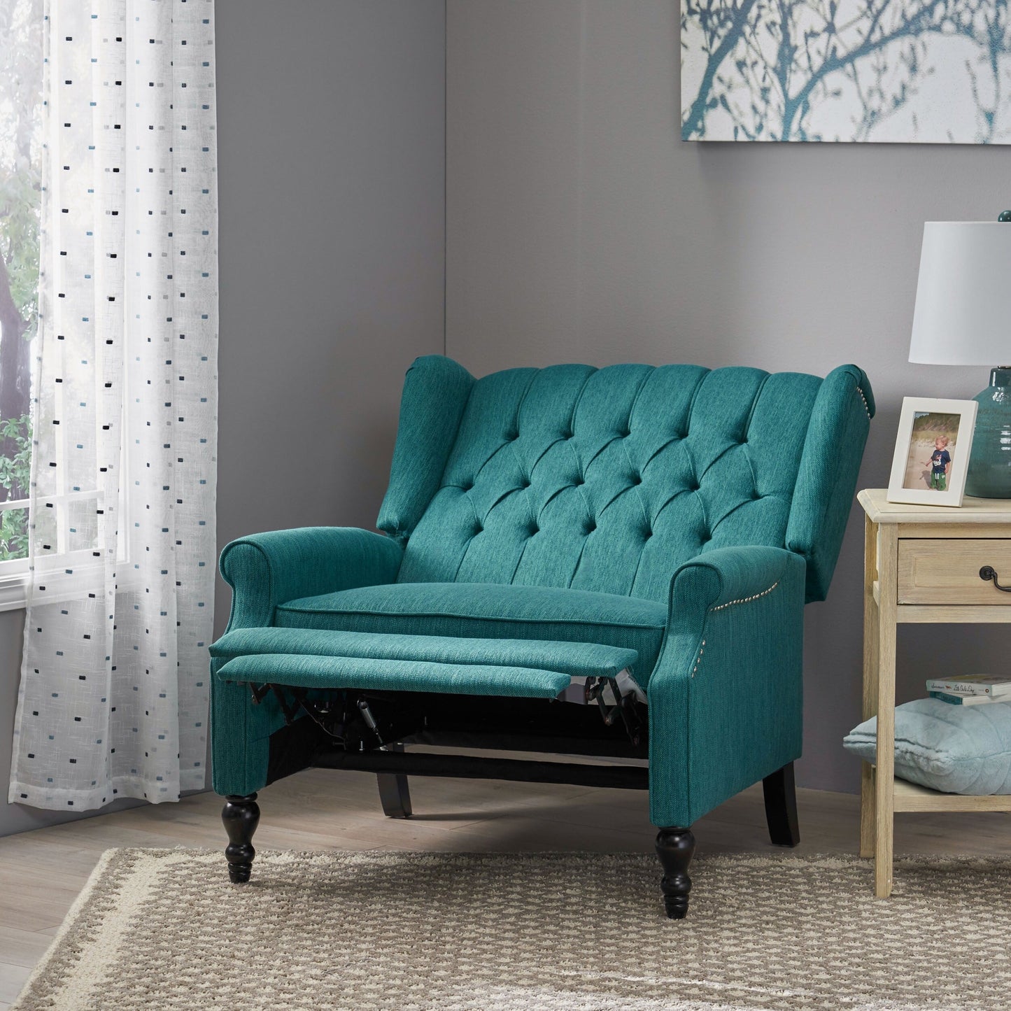 Roomfitters Tufted Wingback Recliner Chair with Rolled Arms and Turned Wood Legs, Lounge Accent Chair for Living Room