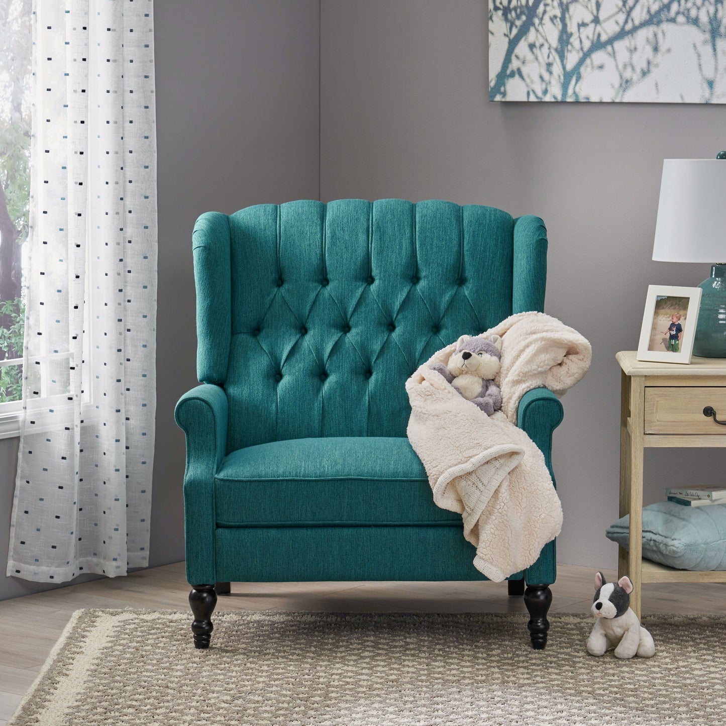 Roomfitters Tufted Wingback Recliner Chair with Rolled Arms and Turned Wood Legs, Lounge Accent Chair for Living Room