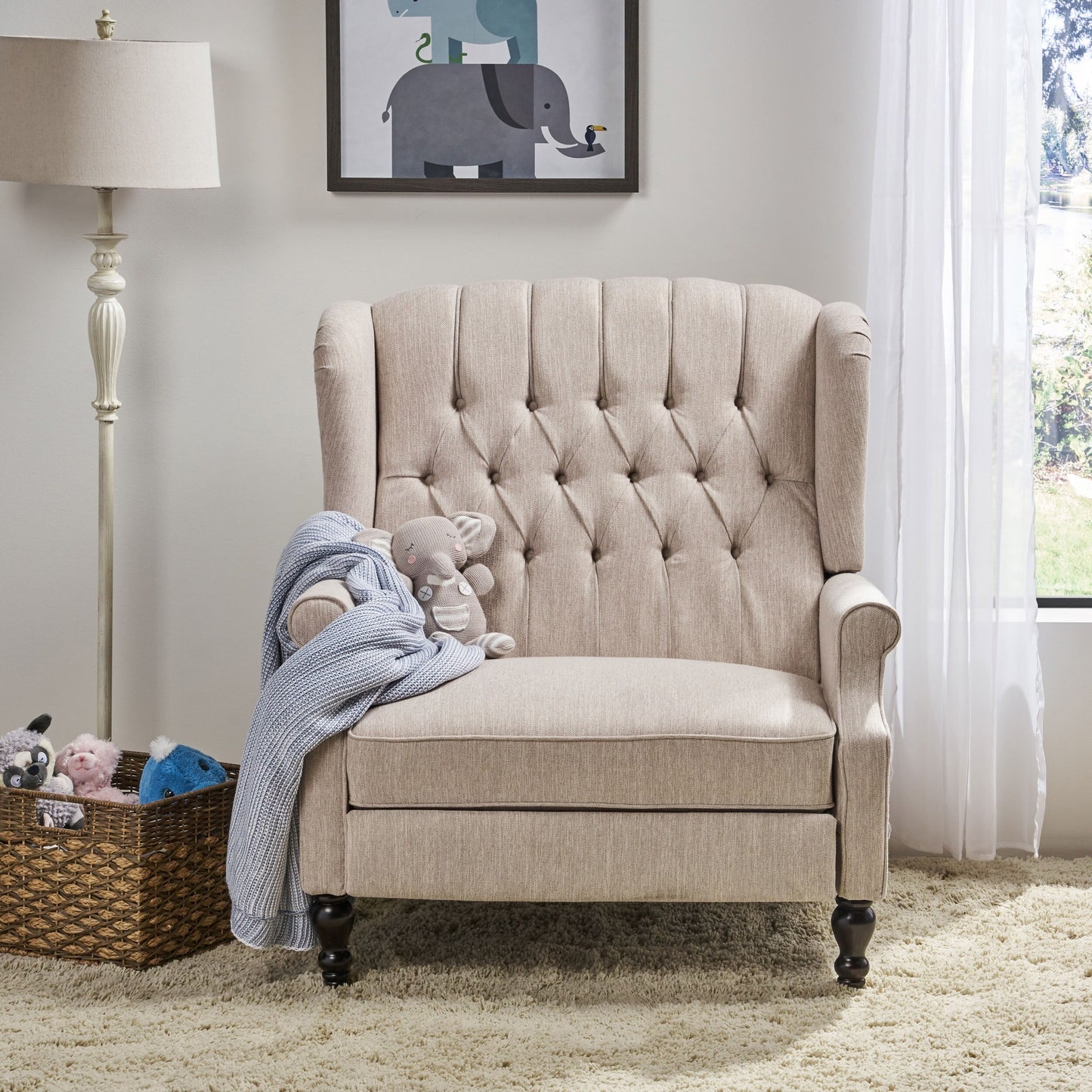 Roomfitters Tufted Wingback Recliner Chair with Rolled Arms and Turned Wood Legs, Lounge Accent Chair for Living Room
