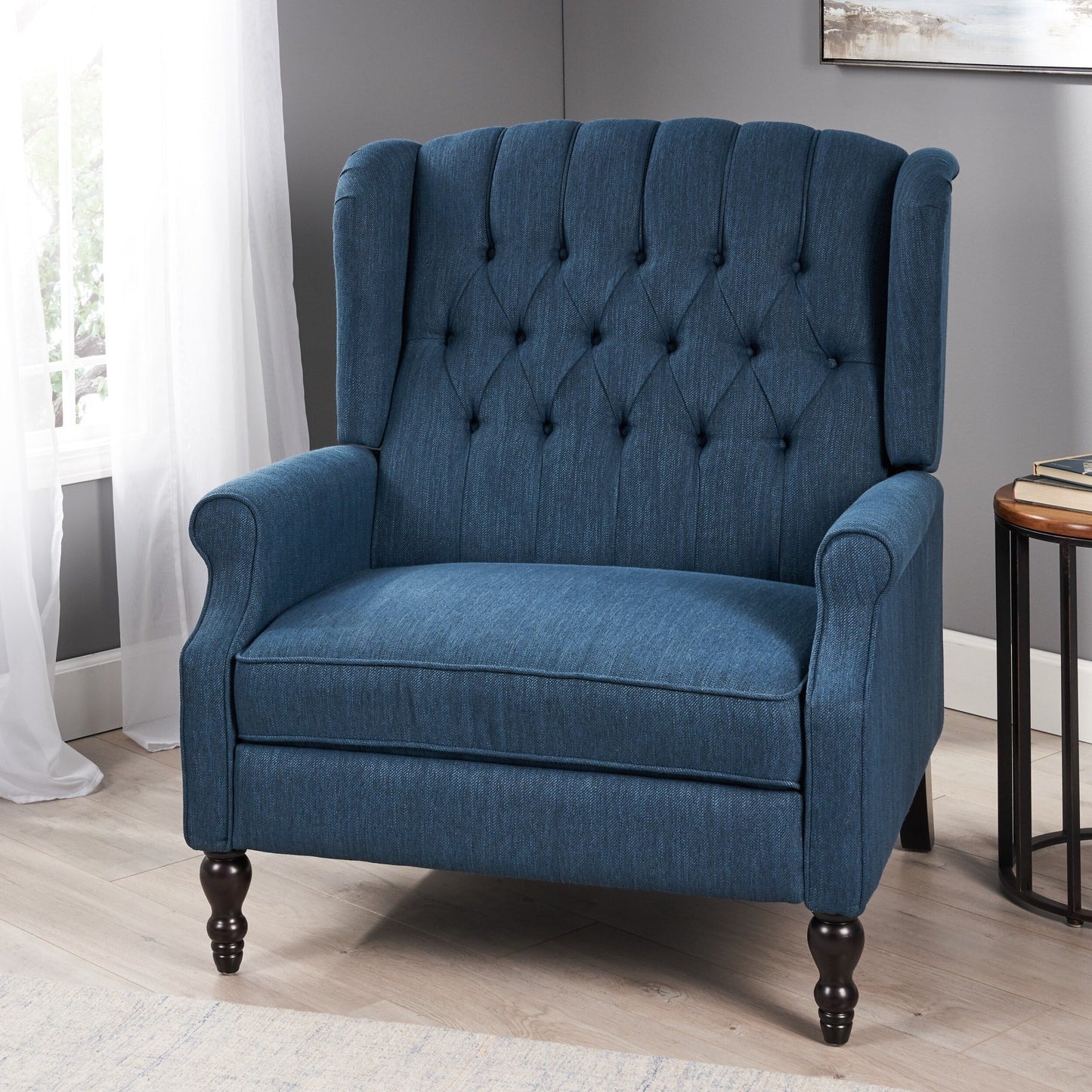 Roomfitters Tufted Wingback Recliner Chair with Rolled Arms and Turned Wood Legs, Lounge Accent Chair for Living Room