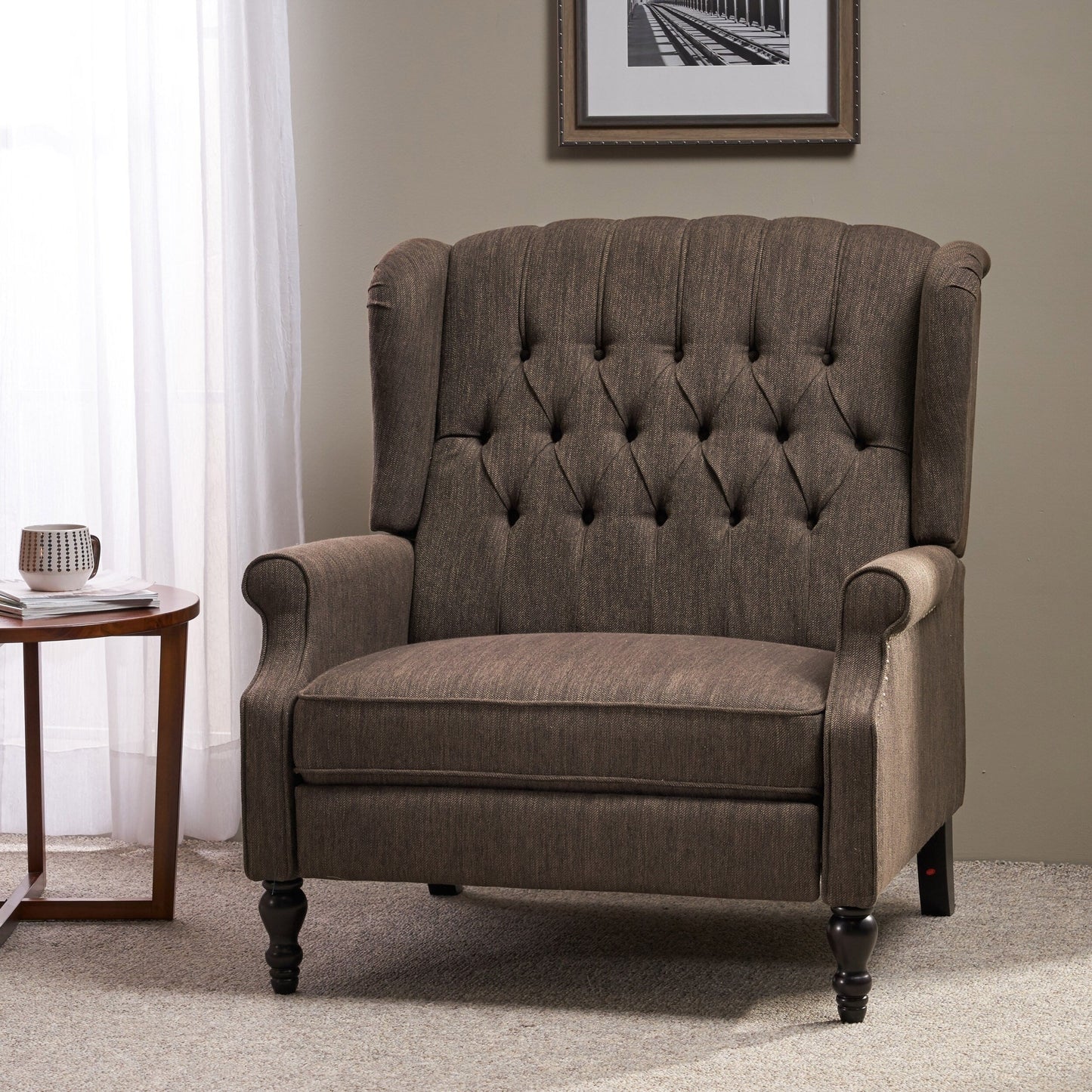 Roomfitters Tufted Wingback Recliner Chair with Rolled Arms and Turned Wood Legs, Lounge Accent Chair for Living Room