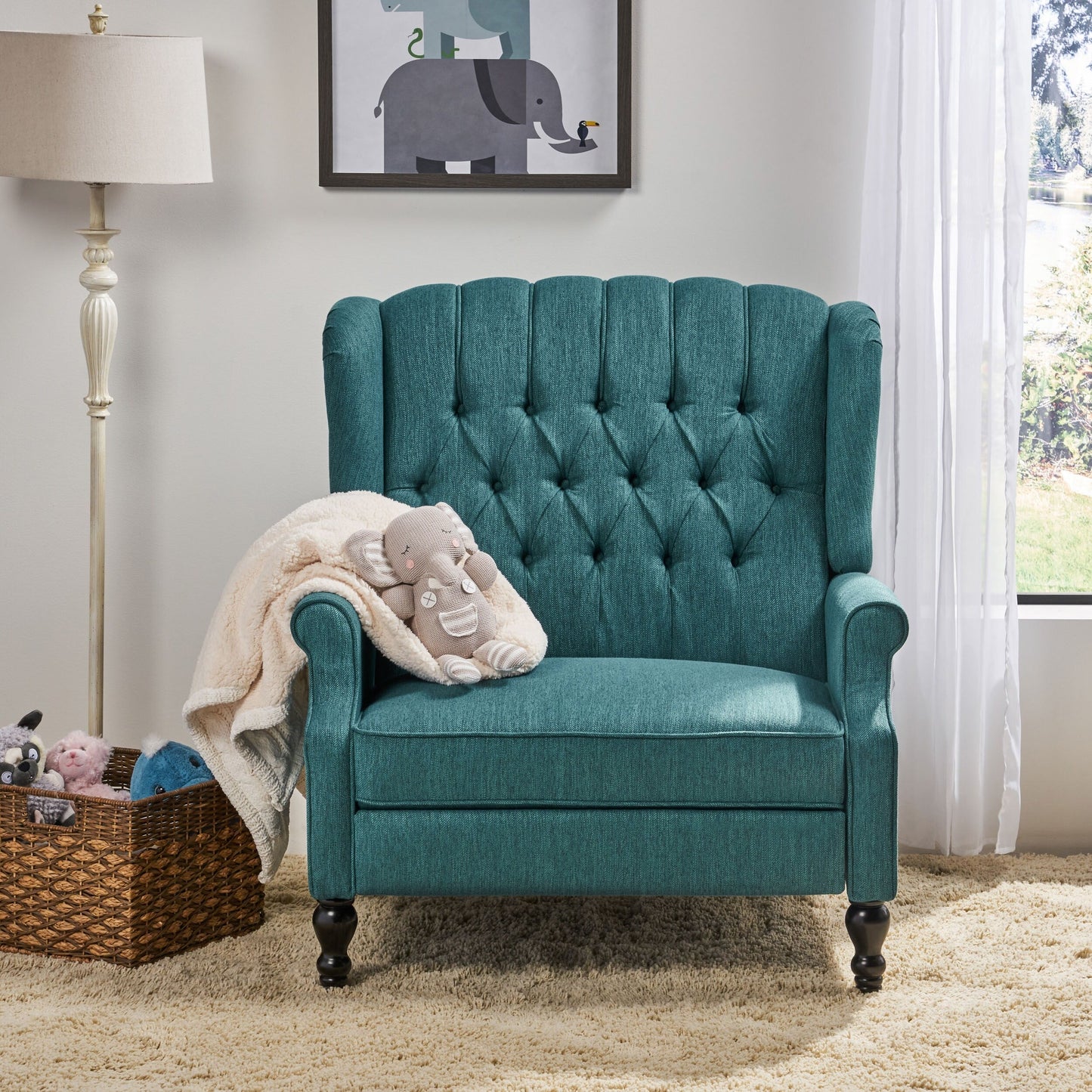 Roomfitters Tufted Wingback Recliner Chair with Rolled Arms and Turned Wood Legs, Lounge Accent Chair for Living Room