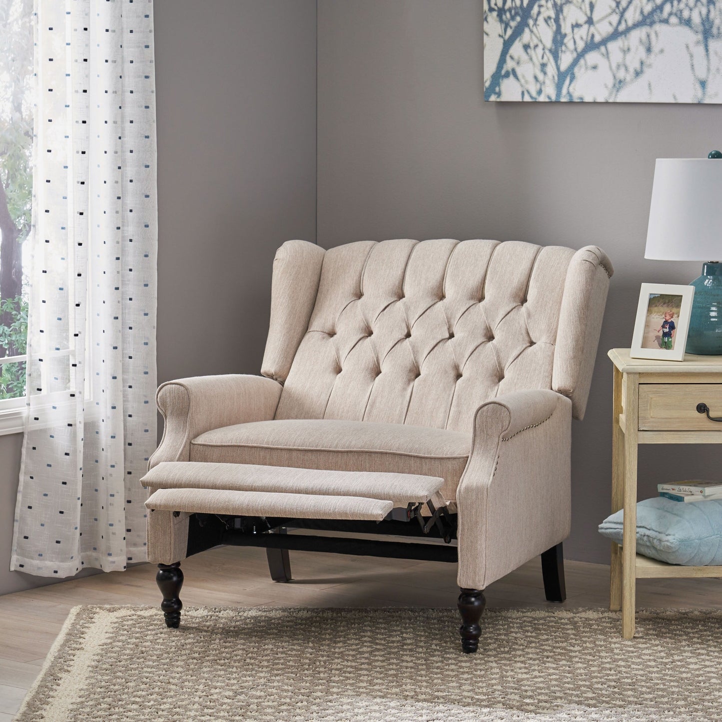 Roomfitters Tufted Wingback Recliner Chair with Rolled Arms and Turned Wood Legs, Lounge Accent Chair for Living Room