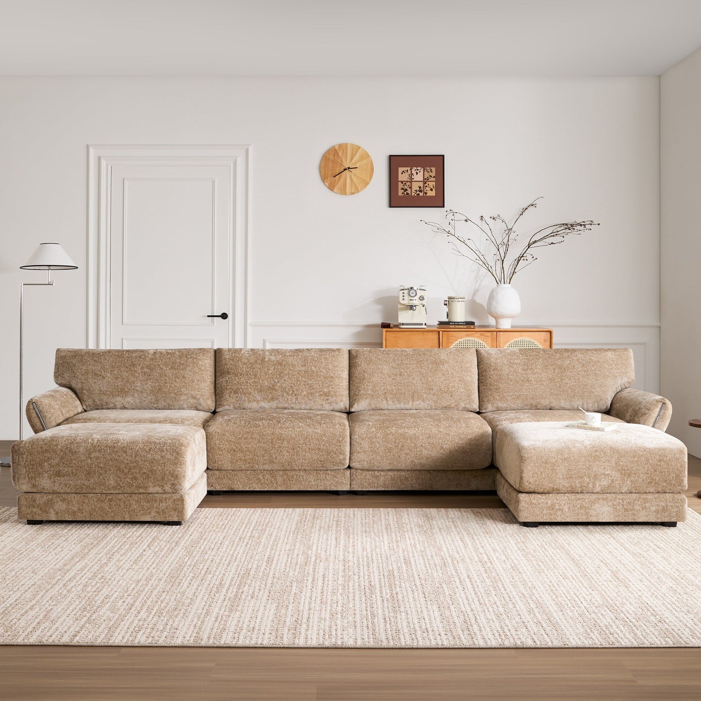 Roomfitters U-Shaped Modular Chenille Sofa with Wide Seat, USB Type-C Charger and Ottoman, Petal Armrest