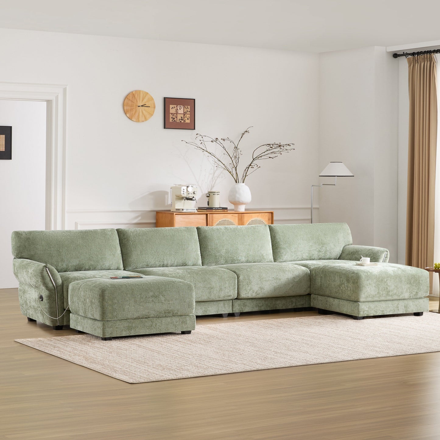 Roomfitters U-Shaped Modular Chenille Sofa with Wide Seat, USB Type-C Charger and Ottoman, Petal Armrest