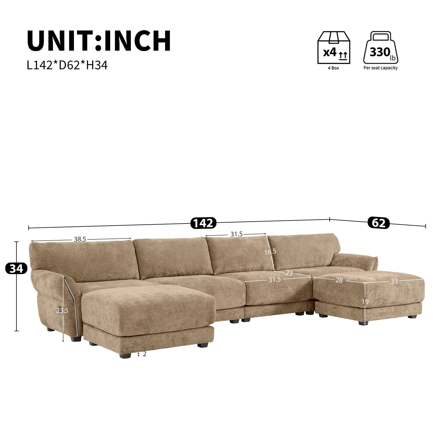 Roomfitters U-Shaped Modular Chenille Sofa with Wide Seat, USB Type-C Charger and Ottoman, Petal Armrest