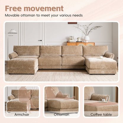 Roomfitters U-Shaped Modular Chenille Sofa with Wide Seat, USB Type-C Charger and Ottoman, Petal Armrest