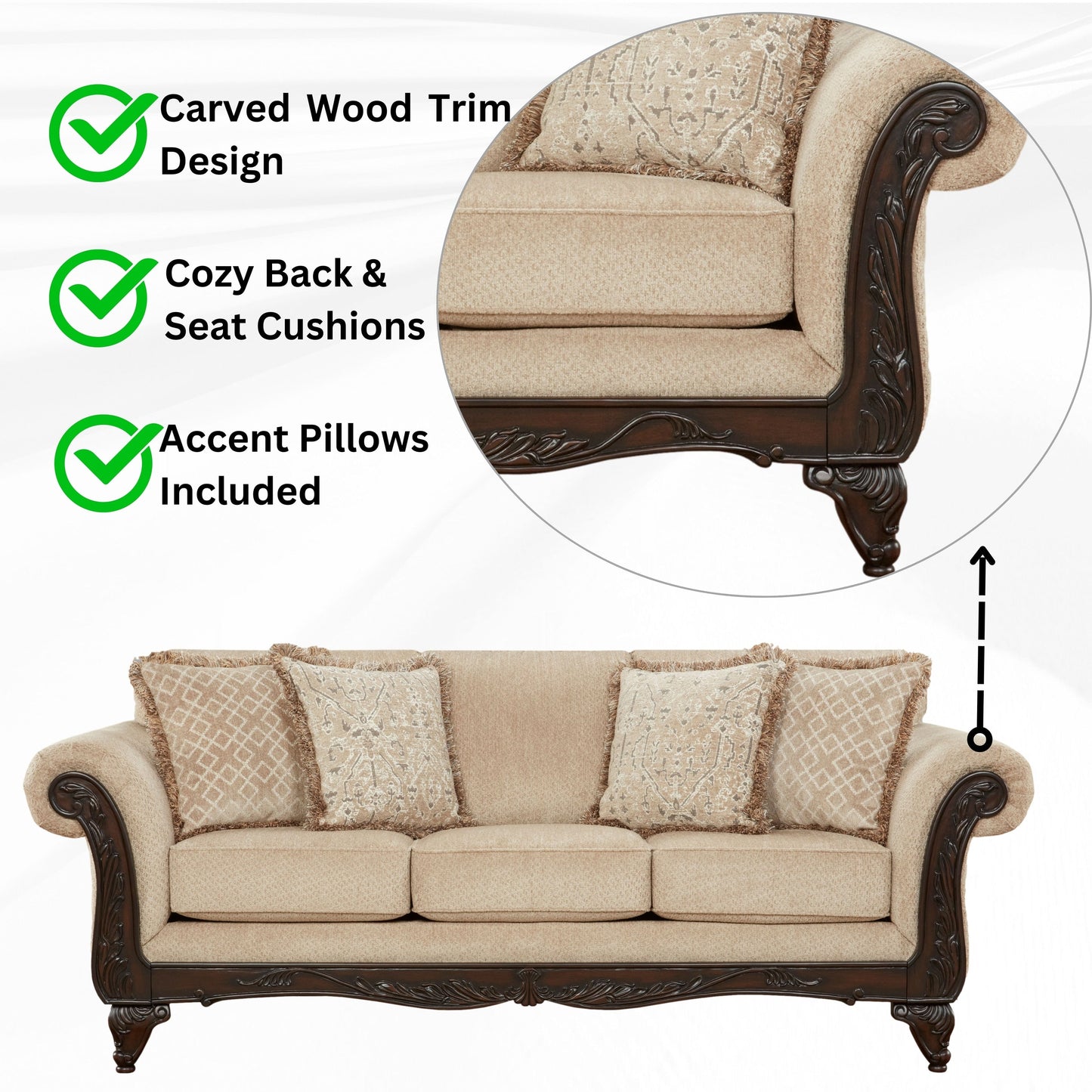 Roundhill Furniture Hernen Carved Wood Frame Sofa