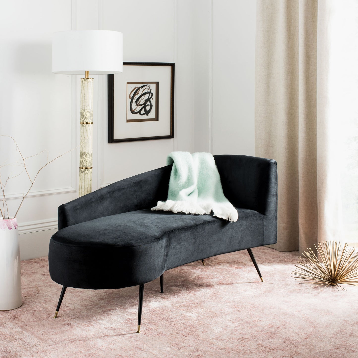 SAFAVIEH Helgrit Black/Gold Velvet Retro Glam Settee - 57.5 W x 27 D x 28 H - 58Wx27Dx28H