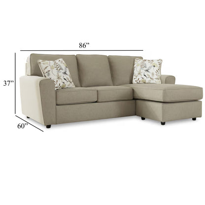 Saash Sofa Chaise, 86 Inch, 2 Accent Pillows, Pebble Beige Polyester