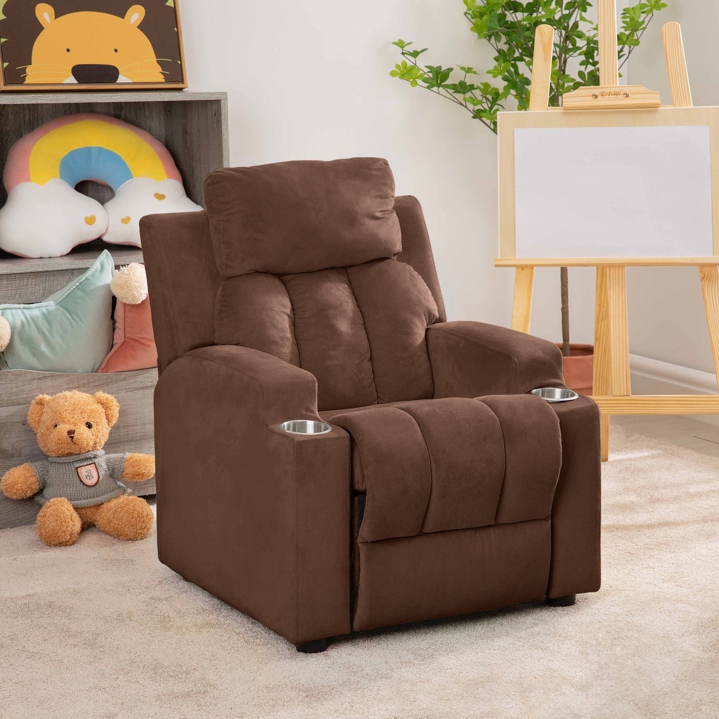 Deluxe Kids Recliner Chair with Footrest Headrest and 2 Cup Holders Microfiber Kids Recliner for Age 3+ Years