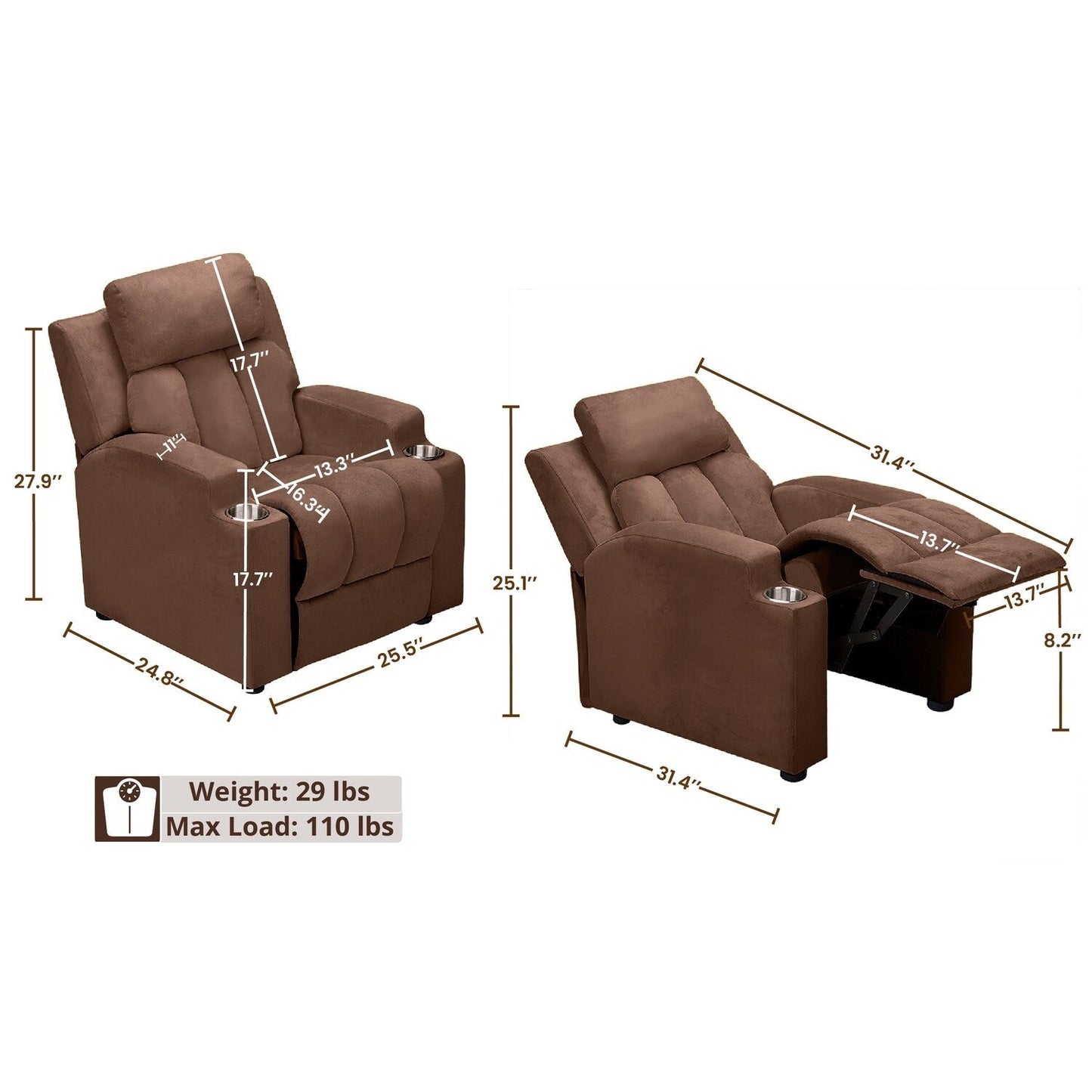 Deluxe Kids Recliner Chair with Footrest Headrest and 2 Cup Holders Microfiber Kids Recliner for Age 3+ Years