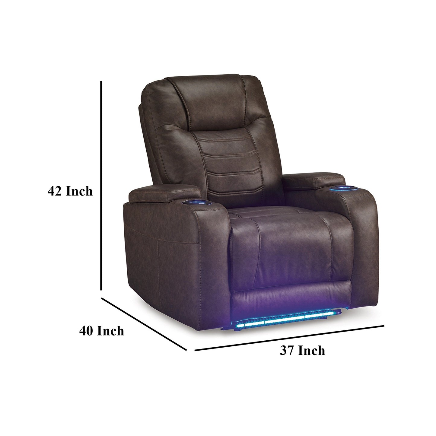 Scon Power Recliner Chair, 37 Inch, LED Light, Brown Faux Leather