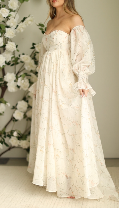 Delilah Maxi Dress With Train in Cream Floral - Bump Friendly