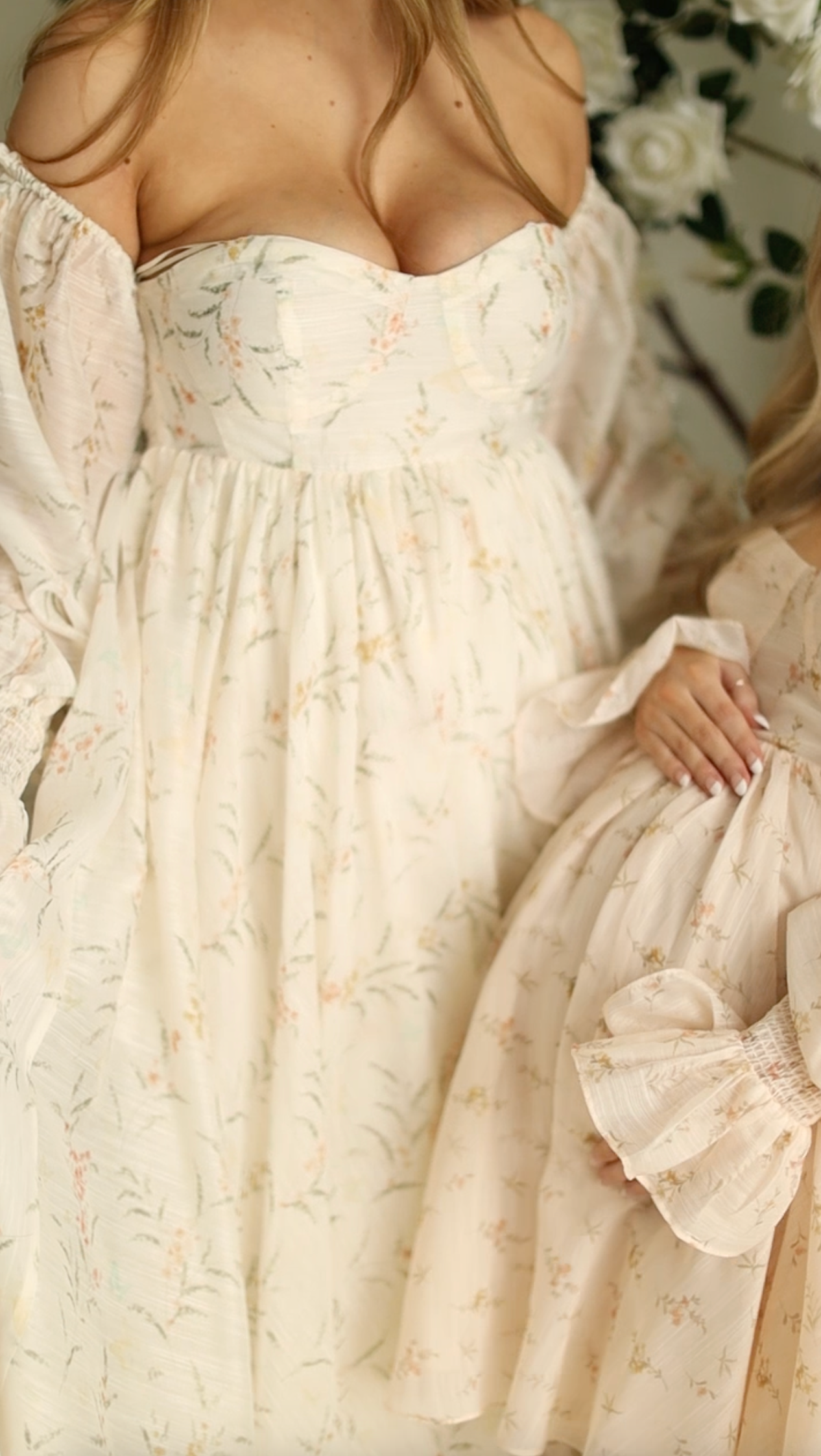 Delilah Maxi Dress With Train in Cream Floral - Bump Friendly