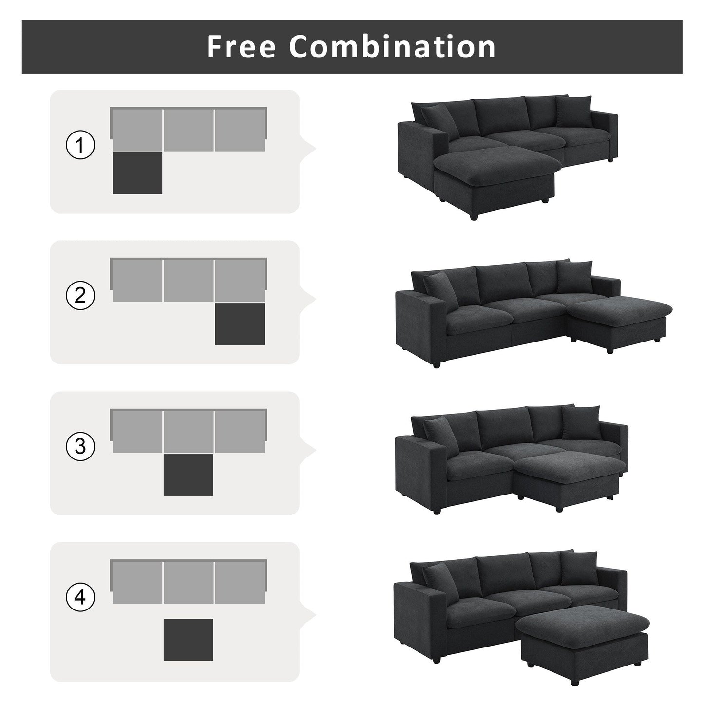 Sectional Sofa With Throw Pillows,L-Shaped Couch Set With Wide Seat,4 Seat Polyester Comfy Fabric Couch Set With Movable Ottoman