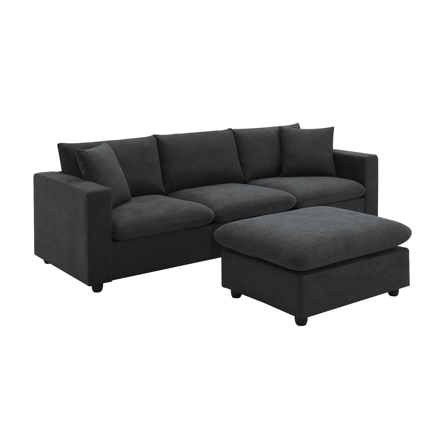 Sectional Sofa With Throw Pillows,L-Shaped Couch Set With Wide Seat,4 Seat Polyester Comfy Fabric Couch Set With Movable Ottoman