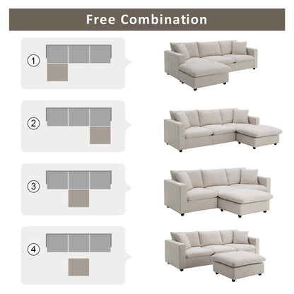 Sectional Sofa With Throw Pillows,L-Shaped Couch Set With Wide Seat,4 Seat Polyester Comfy Fabric Couch Set With Movable Ottoman