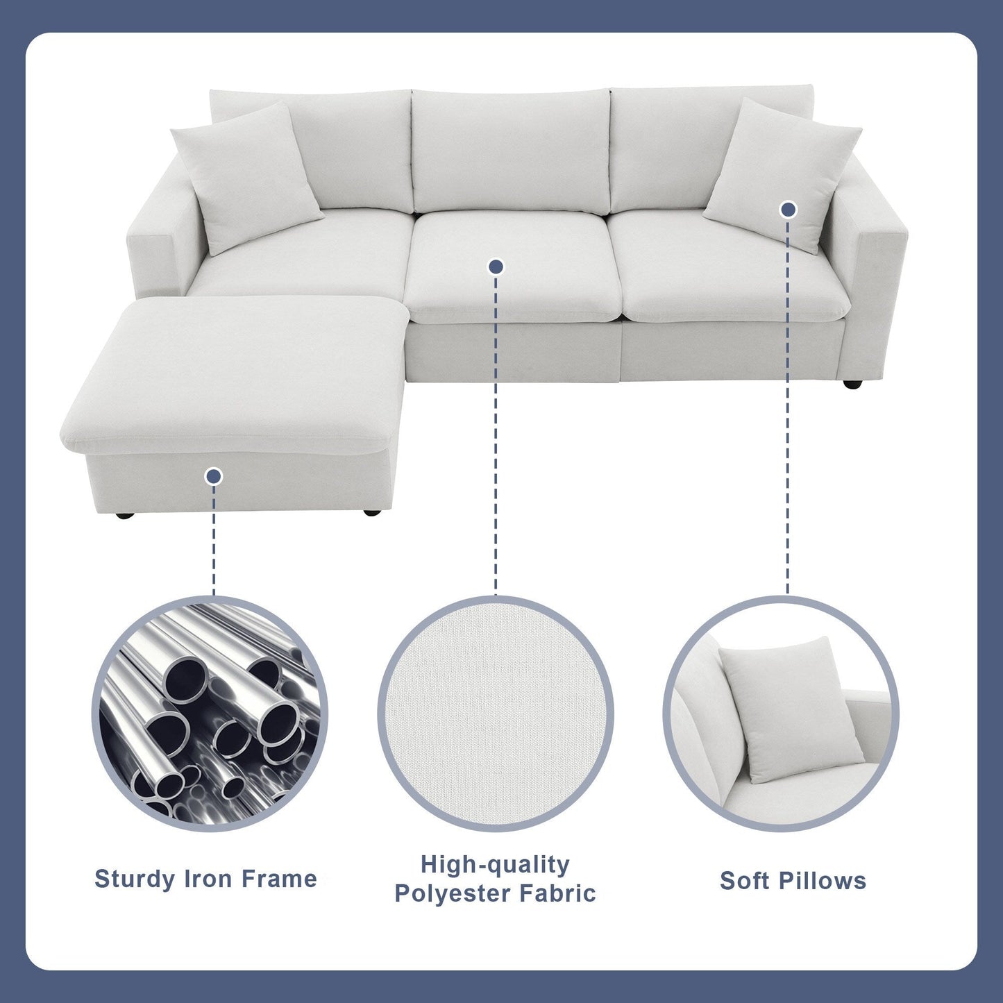 Sectional Sofa With Throw Pillows,L-Shaped Couch Set With Wide Seat,4 Seat Polyester Comfy Fabric Couch Set With Movable Ottoman