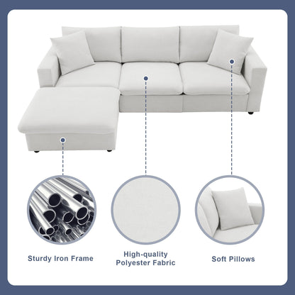 Sectional Sofa With Throw Pillows,L-Shaped Couch Set With Wide Seat,4 Seat Polyester Comfy Fabric Couch Set With Movable Ottoman