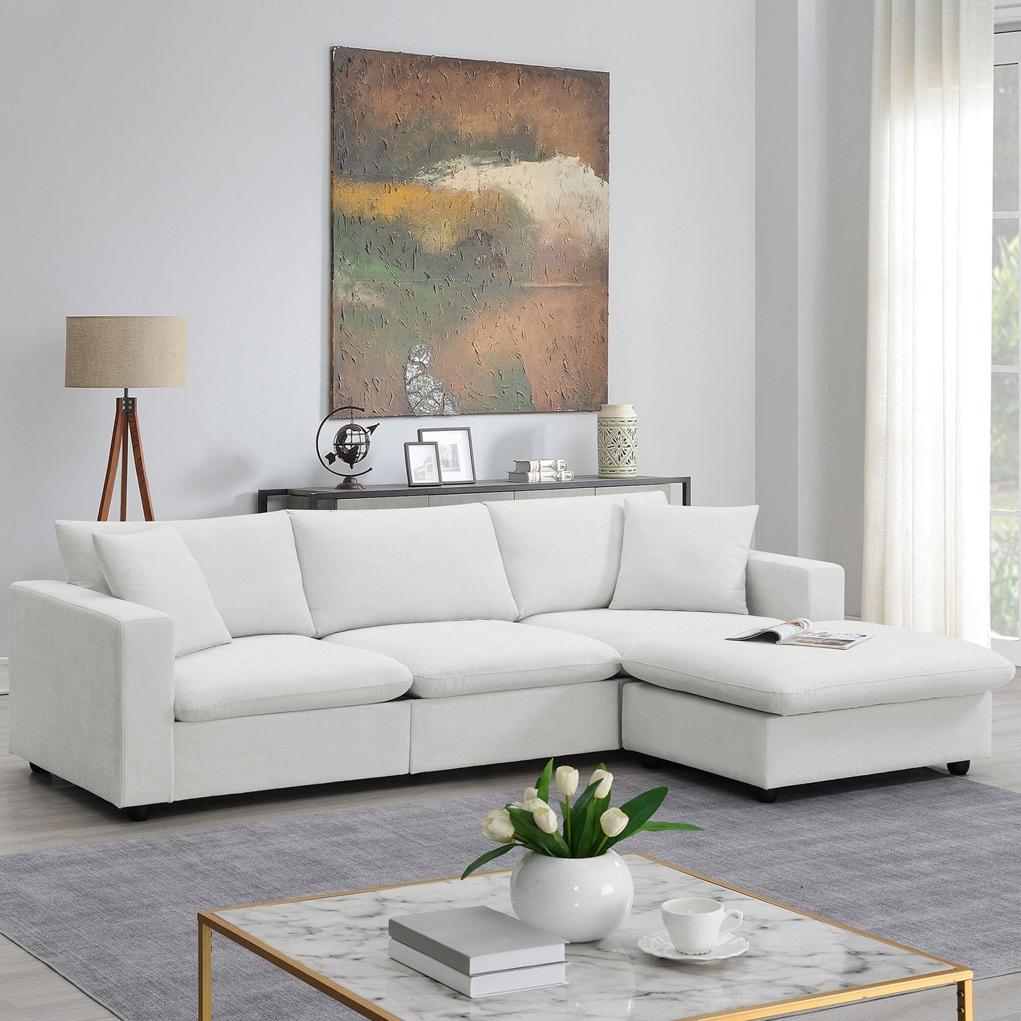 Sectional Sofa With Throw Pillows,L-Shaped Couch Set With Wide Seat,4 Seat Polyester Comfy Fabric Couch Set With Movable Ottoman