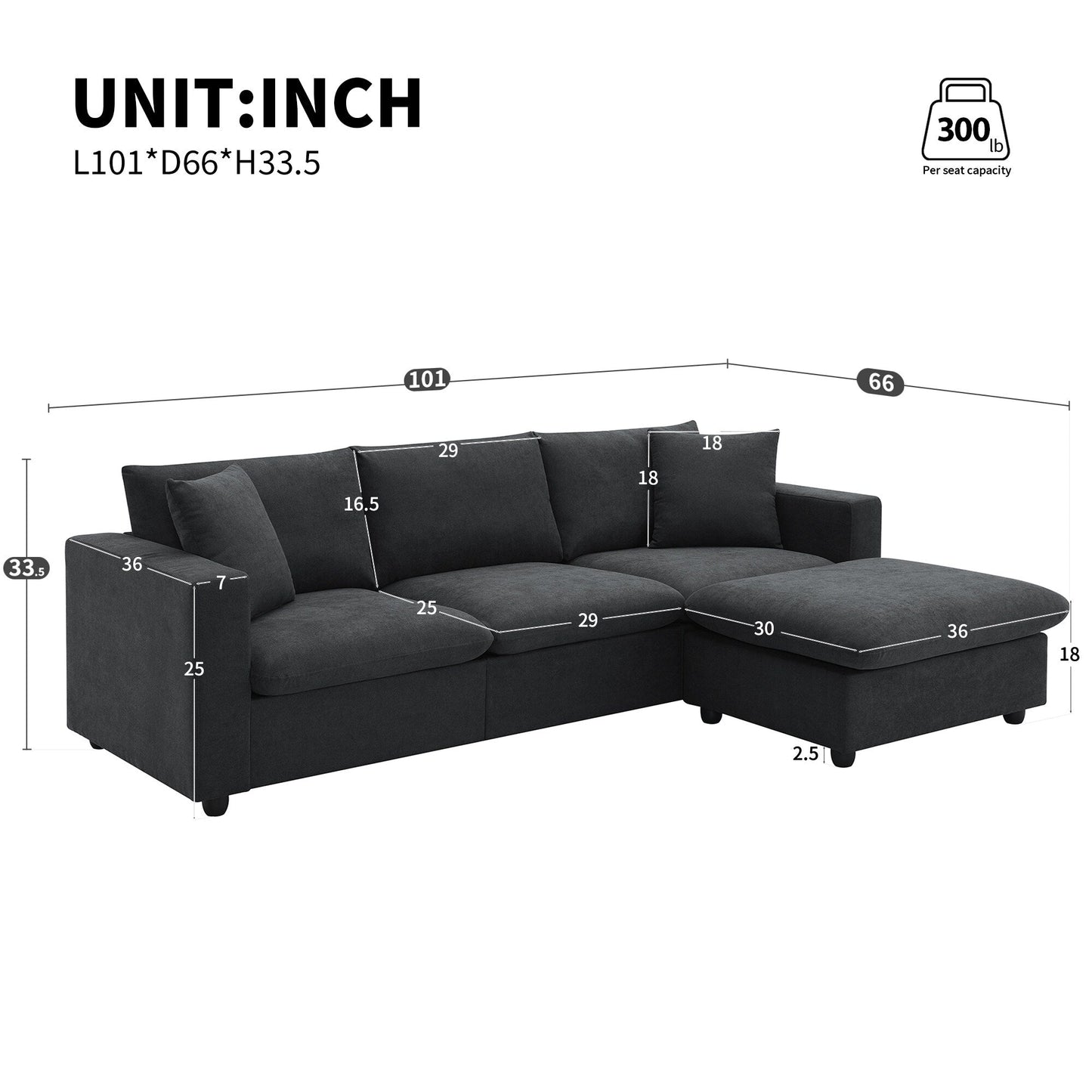 Sectional Sofa With Throw Pillows,L-Shaped Couch Set With Wide Seat,4 Seat Polyester Comfy Fabric Couch Set With Movable Ottoman