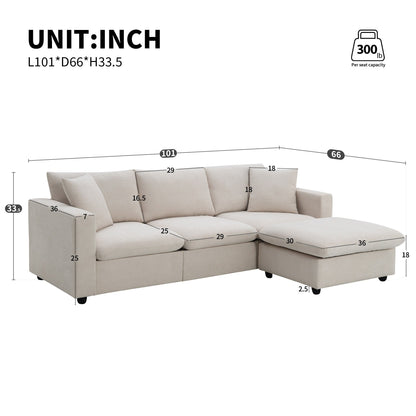 Sectional Sofa With Throw Pillows,L-Shaped Couch Set With Wide Seat,4 Seat Polyester Comfy Fabric Couch Set With Movable Ottoman