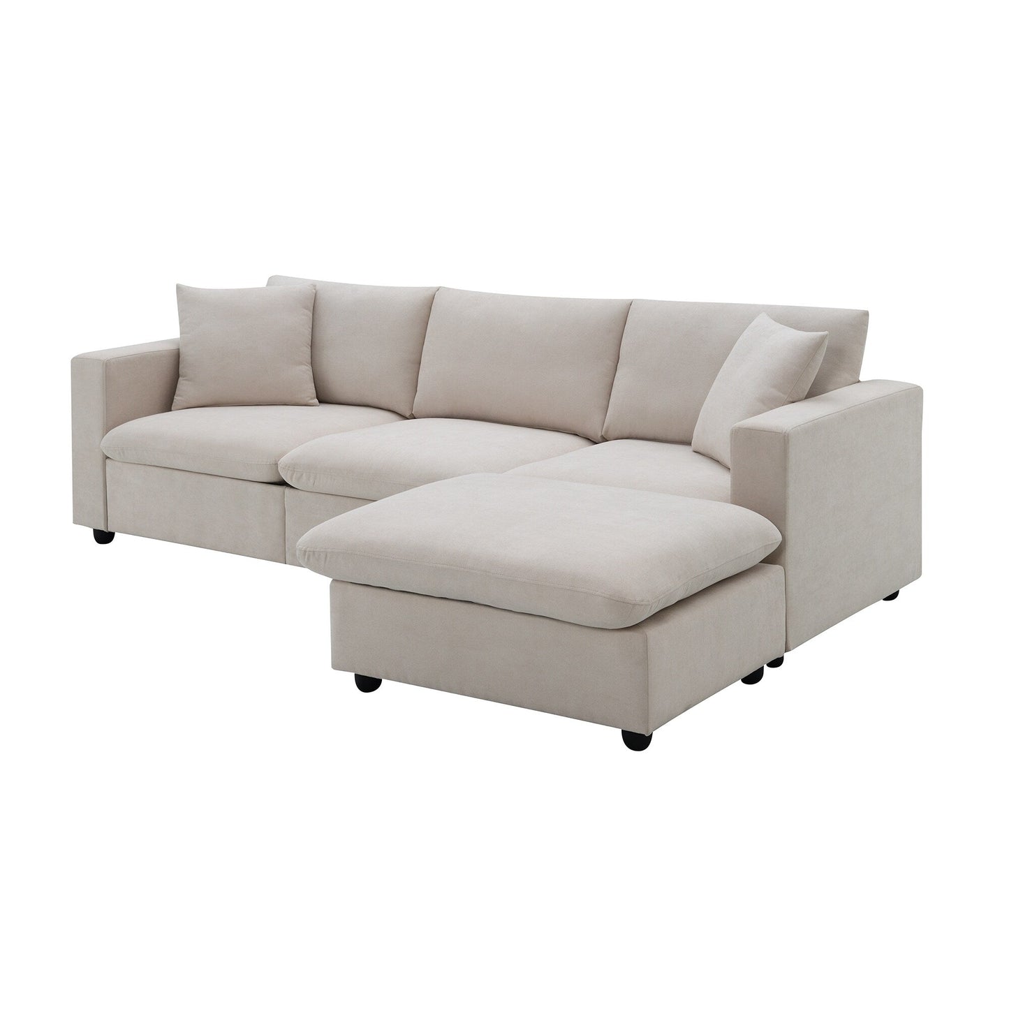 Sectional Sofa With Throw Pillows,L-Shaped Couch Set With Wide Seat,4 Seat Polyester Comfy Fabric Couch Set With Movable Ottoman