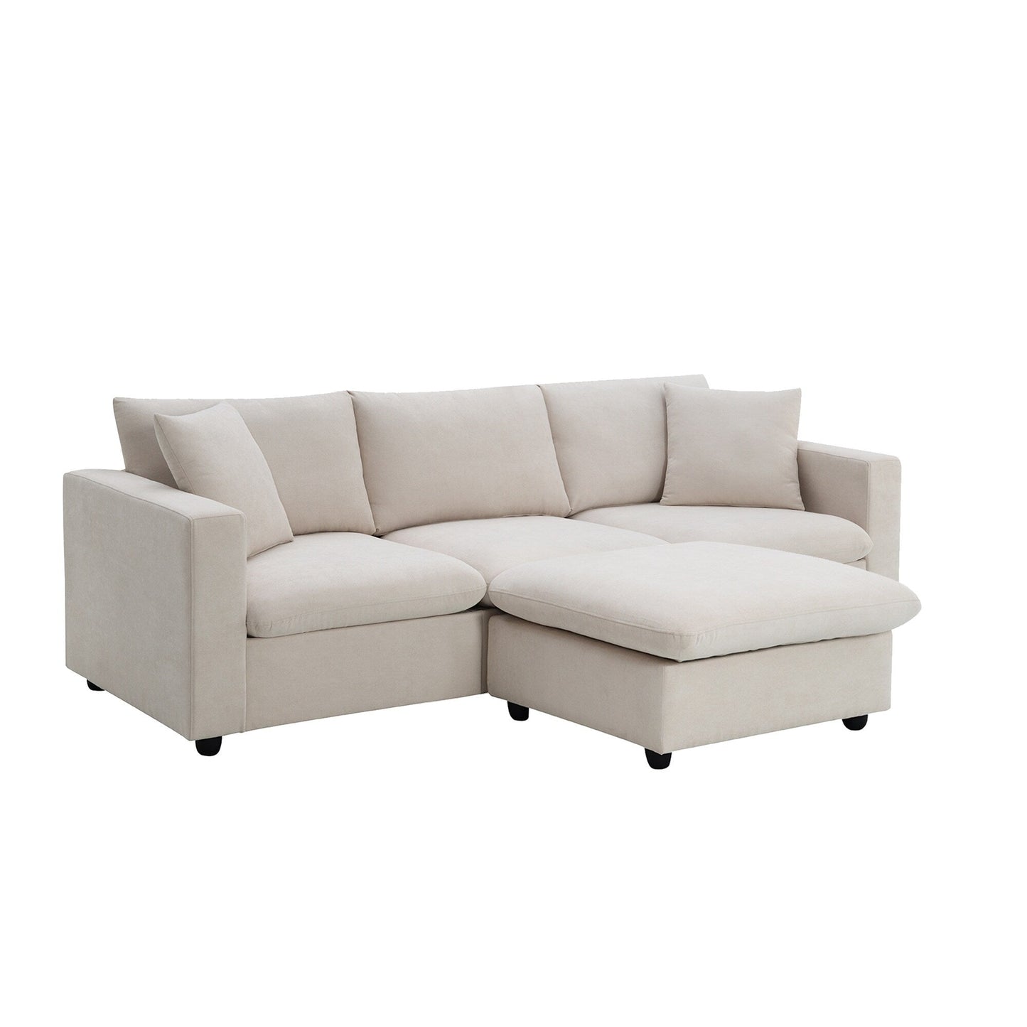 Sectional Sofa With Throw Pillows,L-Shaped Couch Set With Wide Seat,4 Seat Polyester Comfy Fabric Couch Set With Movable Ottoman
