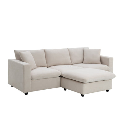 Sectional Sofa With Throw Pillows,L-Shaped Couch Set With Wide Seat,4 Seat Polyester Comfy Fabric Couch Set With Movable Ottoman