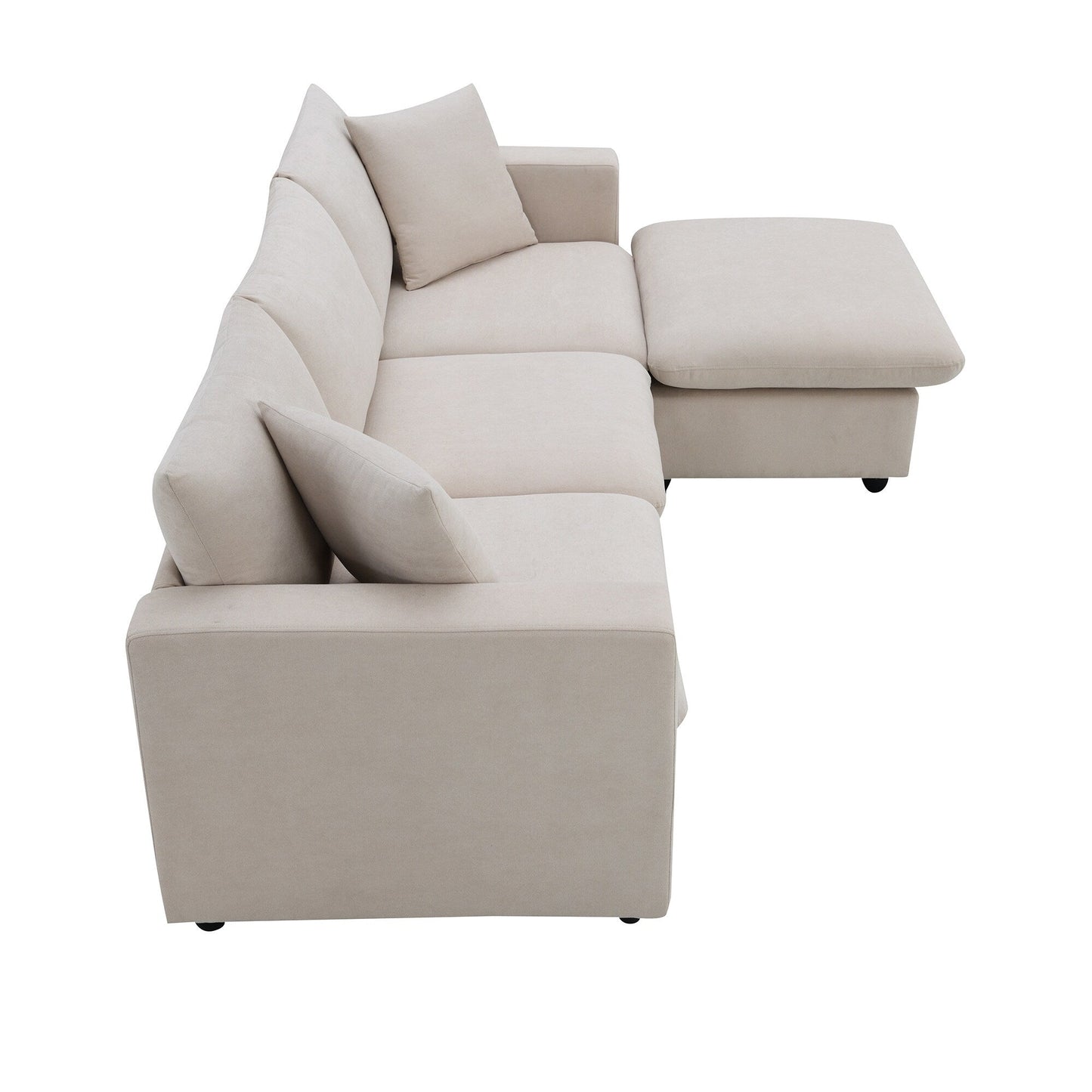 Sectional Sofa With Throw Pillows,L-Shaped Couch Set With Wide Seat,4 Seat Polyester Comfy Fabric Couch Set With Movable Ottoman
