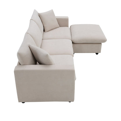 Sectional Sofa With Throw Pillows,L-Shaped Couch Set With Wide Seat,4 Seat Polyester Comfy Fabric Couch Set With Movable Ottoman